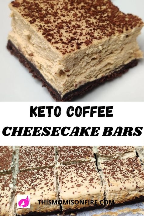 Keto coffee and chocolate flavored cheesecake bars Keto Coffee Dessert Recipes, Keto Dessert Coconut Flour, Keto Coffee Cheesecake, Keto Cheesecake Bars, Keto Cheesecake Recipes, Flavored Cheesecake, Easy Keto Desserts, Keto Bars, Coffee Cheesecake