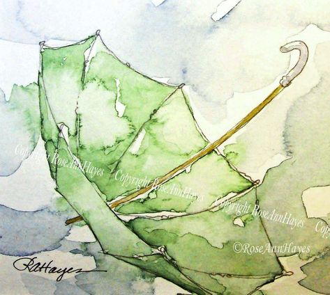 Rain Watercolor Painting, Rain Watercolor, Umbrella In The Rain, Green Umbrella, Umbrella Painting, Green Painting, Umbrella Art, Watercolor Paintings For Beginners, Watercolor Pictures