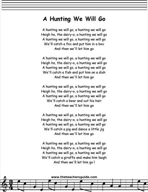 a hunting we will go | Download PDF Printout Daycare Songs, A Hunting We Will Go, Unique Poems, Girl Scout Songs, Lullaby Lyrics, Toddler Songs, Nursery Rhymes Poems, Transition Songs, Nursery Rhymes Lyrics