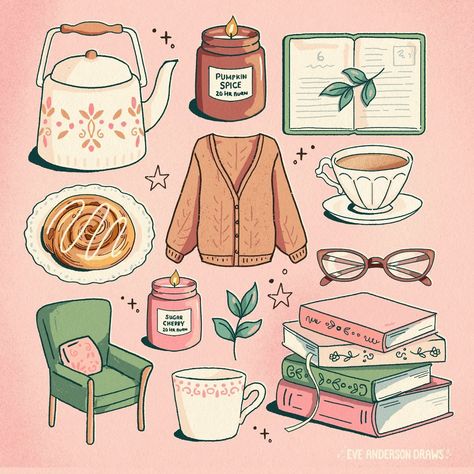 Eve Anderson draws | Cozy reading nook essentials 📙🕯️☕ I've been working on few reading doodles for ages now but the change in season really inspired finishing… | Instagram Autumn Illustration Aesthetic, Fall Aesthetic Illustration, Autumn Books Aesthetic, Autumn Illustration Fall, Reading Illustration, Cozy Illustration, Diaries Aesthetic, Shop Prints, Cozy Reading Nook