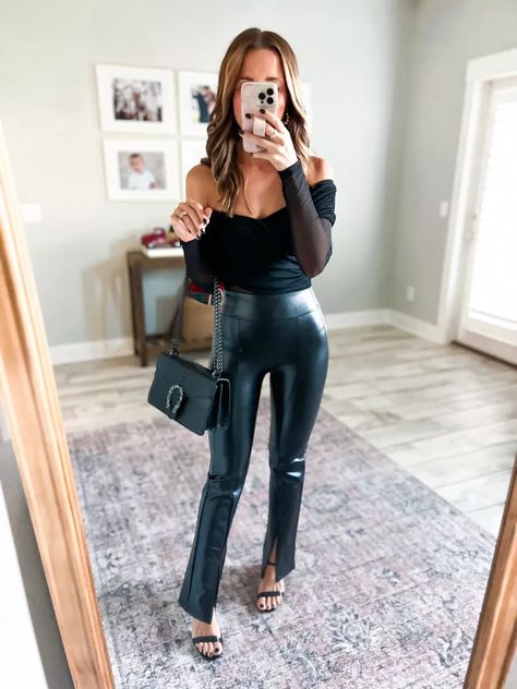 Split Hem Leather Pants Outfit, Split Hem Pants Outfit, Split Pants, Leather Pants Outfit, Black Strappy Heels, How To Hem Pants, Dinner Outfits, Split Hem, Girls Night Out