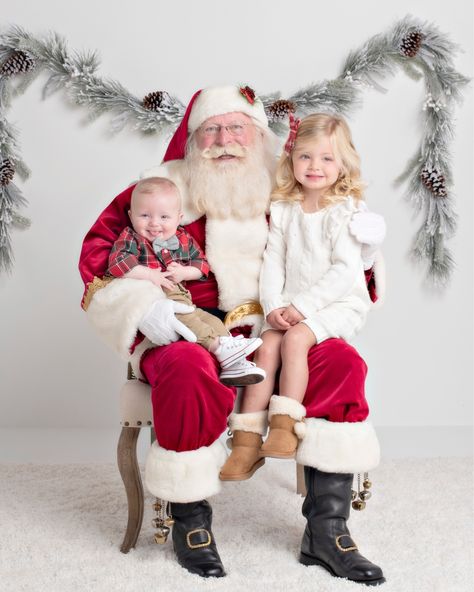 Classic Santa photos with baby and toddler! Santa Christmas Photoshoot, Family Pictures With Santa Outfits, Diy Santa Photoshoot, Family Christmas Pictures With Santa, Christmas Pictures With Santa, Sibling Santa Photo Outfits, Baby Santa Pictures, Santa Photo Outfits, Santa Set Up For Pictures