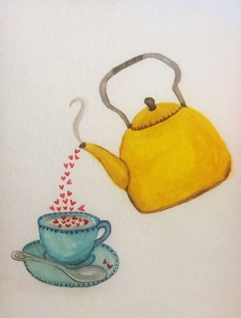 Tea Time Watercolor, Tea Cup Painting Ideas, Tea Art Illustration, Cup Of Tea Drawing, Tea Cup Drawing, Beginner Drawing Lessons, Tea Pots Art, Girly Wall Art, Diy Watercolor Painting