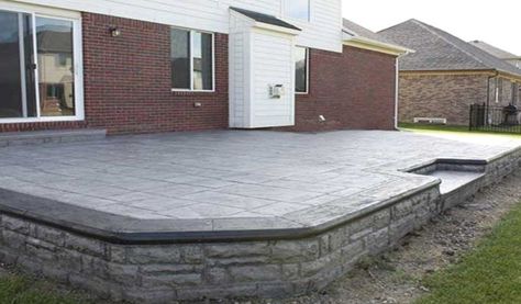 raised stamped concrete patio #garden #landscaping #gardenideas Stamped Concrete Patio Cost, Backyard Porches, Future Landscape, Poured Concrete Patio, Concrete Patio Ideas, Diy Concrete Patio, Small Outdoor Patios, Cement Patio, Concrete Patio Designs