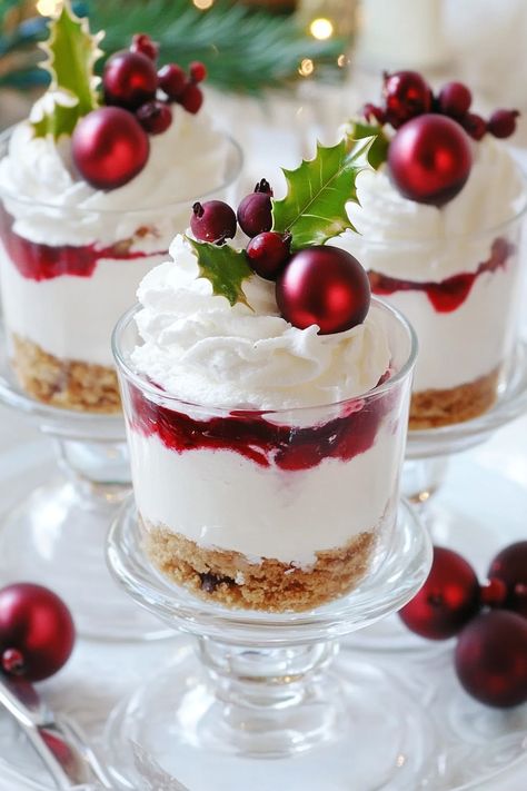 Find the perfect christmas dessert recipe for your holiday gatherings! From classic gingerbread houses and Christmas cookies to festive fruit cake and decadent chocolate creations, there's something for every taste. Explore easy no-bake options, make-ahead sweets, and festive bark recipes.  Get inspired for parties, gift-giving, and family celebrations.  Enjoy these delicious and beautiful christmas desserts! Christmas Desserts Recipes Elegant, Pretty Christmas Food, Holiday Parfait Desserts, Christmas Desserts In Glasses, Mini Christmas Deserts, Christmas Party Food Ideas Desserts, Classy Christmas Desserts, Christmas Cake Bites, Mini Christmas Trifle Desserts