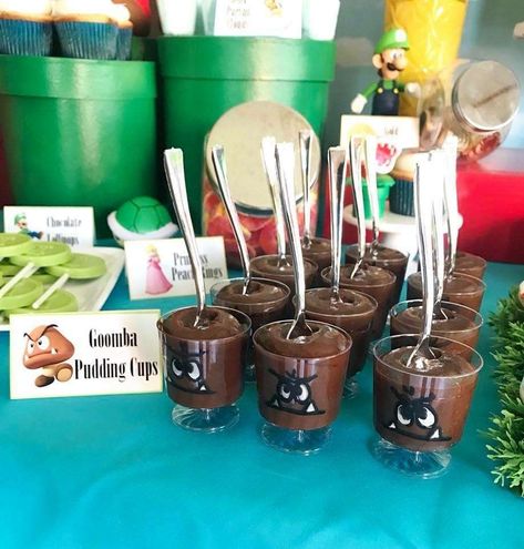 Luke’s Super Mario Birthday | CatchMyParty.com Mario Pudding Cups, Super Mario Candy Table Ideas, Super Mario Treat Table, Super Mario Birthday Treats, Super Mario Candy Table, Super Mario Treats, Super Mario Food Ideas, Super Mario Dessert Table, Mario Birthday Party Ideas