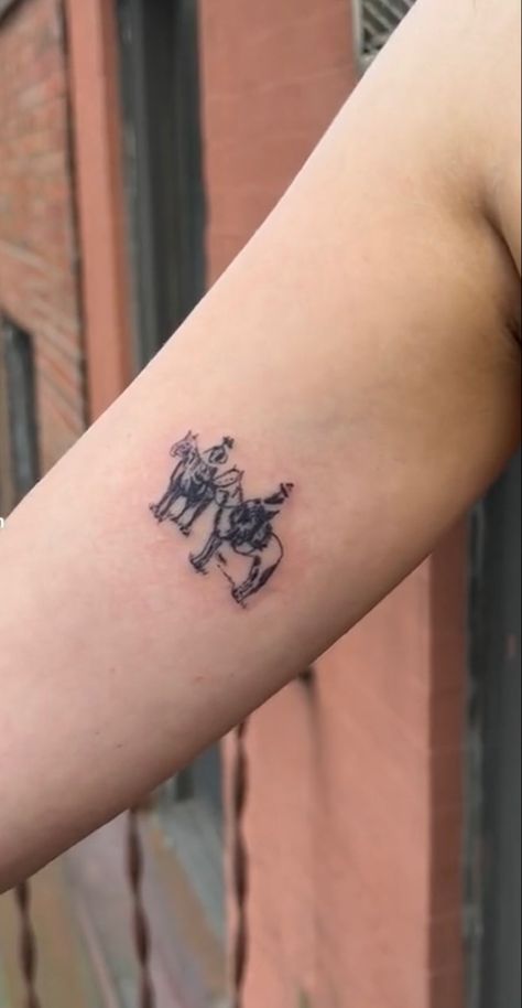 Found it on tiktok Spirit Horse Movie Tattoo Ideas, Best Friend Cowgirl Tattoos, Miranda Lambert Tattoo Ideas, Almost Famous Tattoo Ideas, Cute Small Western Tattoos For Women, Cowboy Angel Tattoo, Western Star Tattoo, Cowboy Lasso Tattoo, Good Mythical Morning Tattoo