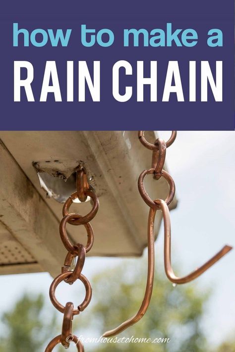 This homemade copper rain chain is awesome! The tutorial has simple step-by-step instructions for making the rain chain and the rain chain installation. It looks beautiful when it's hung up on the house. One of my favorite water features! | Garden Art Rain Chains Ideas, Make A Rain Chain, How To Make A Rain Chain, Rain Chain Installation, Rain Chain Diy, Copper Rain Chain, Chain Tutorial, Copper Rain Chains, Diy Copper