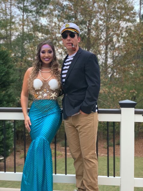 Nautical Costume Ideas, Siren And Sailor Costume Couples, Mermaid Captain Couple Costume, Under The Sea Outfits, Under The Sea Theme Outfit, Under The Sea Outfit Ideas, Mermaid Man And Barnacle Costume, Mermaid And Sailor Costume, Couples Costumes Mermaid And Sailor