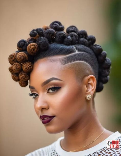 Bantu Knots with Shaved Sides | Short Natural Haircuts For Black Women With Round Faces Short natural haircuts are not only trendy but also versatile, offering a myriad of styling options for black women with round faces. Embracing your natural hair texture while complementing your facial features can enhance your overall look and boost your confidence. In this article,. Braided Hair Shaved Sides, Shaved Sides Wedding Hair, Round Face Natural Hairstyles, Braids With Shaved Sides Black Women, Natural Haircuts For Black Women, High Top Fade Haircut, Futuristic Hairstyles, Top Fade Haircut, Haircut Options