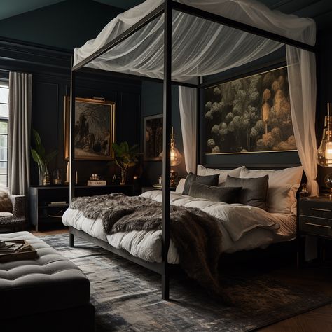 Dark Moody Bedroom, Dark Romantic Bedroom, Moody Bedroom Ideas, Simple Bed Designs, Black Bedroom Design, Black Bed Frame, Moody Bedroom, Feminine Bedroom, Wooden Bed Design