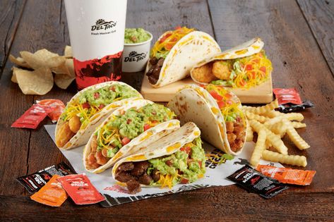 Del Taco Has 6 Days of Deals Leading up to National Taco Day - Thrillist Tacos Menu, National Taco Day, Mexican Fast Food, Bean And Cheese Burrito, Taco Meal, Taco Day, Spicy Grilled Chicken, Food Deals, Chili Dog