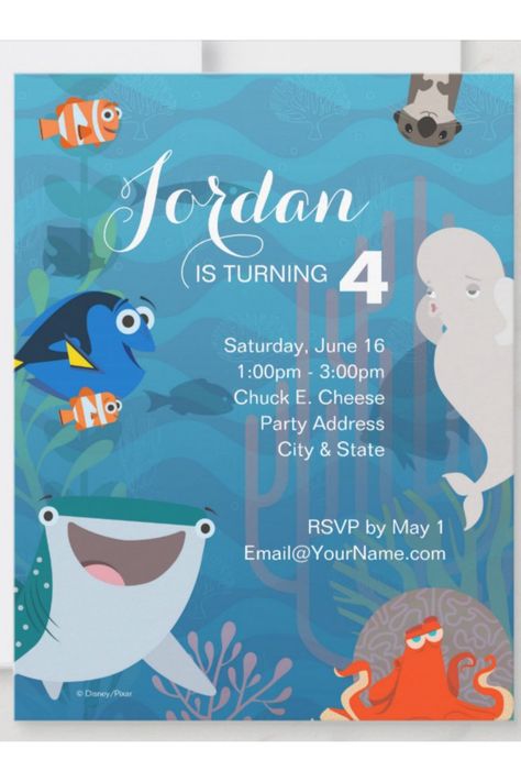 Make a splash with this adorable Finding Dory Birthday Invitation! Dive into an underwater adventure as you invite your little one's friends to celebrate their special day. Featuring Dory, Nemo, and their friends, this vibrant and colorful invitation is sure to captivate everyone's attention. With customizable details Nemo Birthday Party Invitations, Nemo Birthday Invitations, Finding Nemo Birthday Party Ideas, Finding Nemo Invitations, Finding Nemo Birthday Invitations, Finding Dory Birthday Party, Dory Birthday Party, Finding Dory Party, Finding Nemo Party