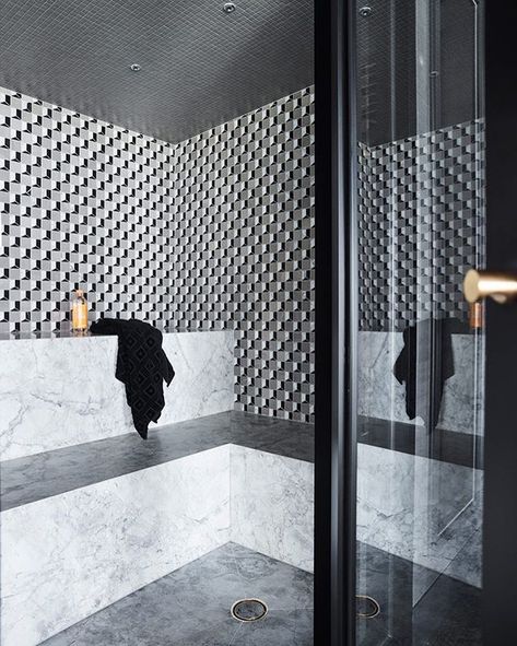 Modern steam room in the gym of The Barwon River House with marble mosaic walls from the Marmo by Greg Natale collection. Marble Steam Room, Mansion Shower Room, Marble Shower Black Floor, Marble Steam Shower Ideas, Home Steam Room, Light Stained Wood, Steam Shower Cabin, Victorian Country House, Steam Sauna