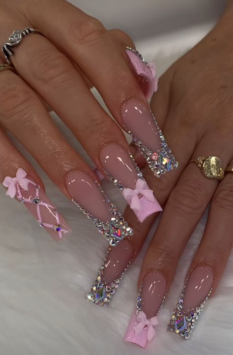 Birthday Classy Nails, Sag Birthday Nails, 22 Birthday Nails Acrylic, Pink French Nails With Rhinestones, Pink Nails With Bow Design, 21 Birthday Nail Ideas, Pink Nails Diamonds, Blinged Out Birthday Nails, Nail Pink Design