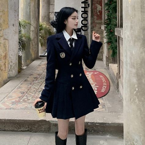 Aesthetic Korean Uniform, Black And White Uniform, Dark Blue Uniform, Private School Uniforms Aesthetic Blue, Korean Uniforms Schools, School Uniforms Korean, Private School Uniforms Aesthetic Black, Korean School Uniform Girls, Korean School Outfits Uniform