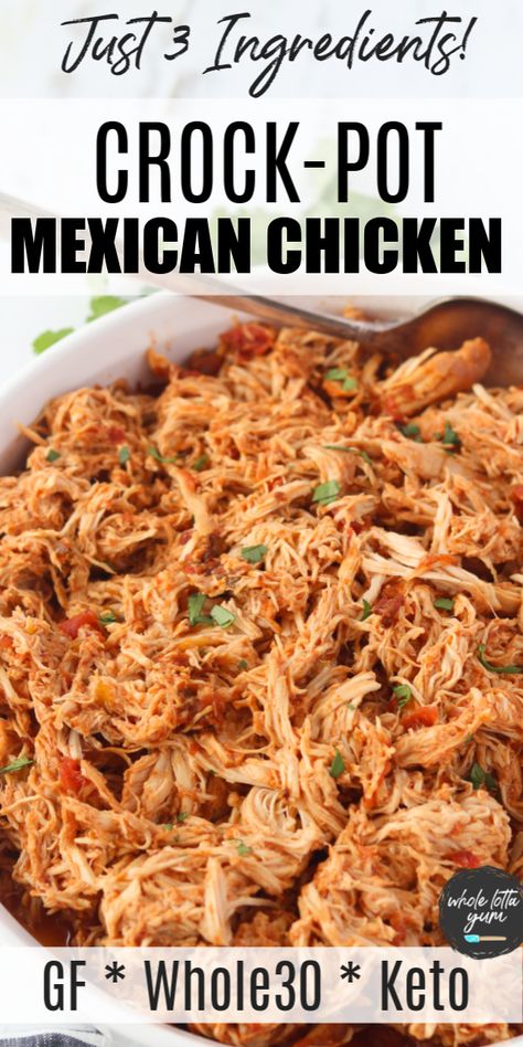 Make easy crockpot shredded chicken with just 3 ingredients for Mexican dishes like tacos, burritos, salads, sheetpan nachos and more! The healthy shredded chicken recipe for dinner is also whole30, paleo, low carb, gluten free, and keto slow cooker chicken too. Healthy Crockpot Taco Chicken, Crockpot Chicken Keto Low Carb, Low Carb Chicken Crock Pot Recipes Easy, Keto Chicken Tacos Crock Pot, Mexican Shredded Chicken Recipes Crockpot, Shredded Slow Cooker Chicken, Low Carb Dinner Slow Cooker, Crockpot Chicken Recipes Healthy Mexican, Low Carb Recipes With Shredded Chicken