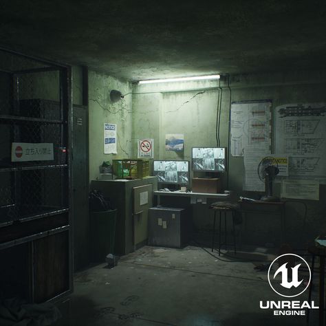 Surveillance room, Neel Parekh on ArtStation at https://www.artstation.com/artwork/9mLl8q Basement Background, Surveillance Room, Basement Dark, Creepy Basement, Guard Room, Security Room, 3d Cinema, Set Dressing, Environment Design