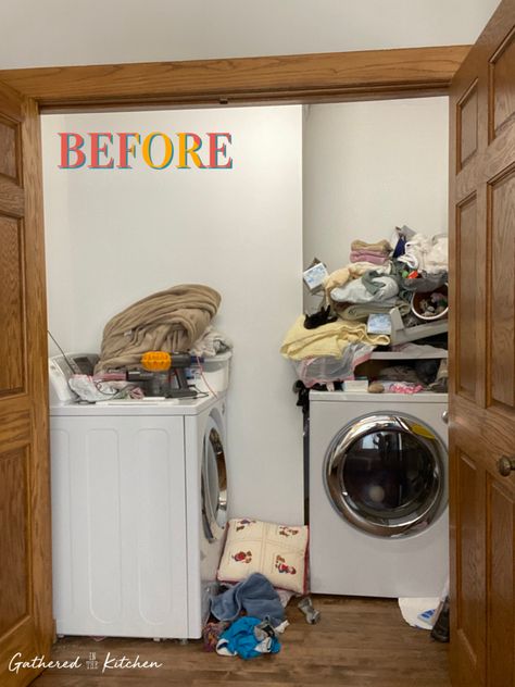 Small Laundry Room Before & After No Door Laundry Room, Washer And Dryer On Opposite Walls, Awkward Laundry Room Layout, Shelving For Laundry Room, Laundry Room With Wallpaper, Room With Wallpaper, Quick Home Improvements, Functional Laundry Room, Narrow Laundry Room