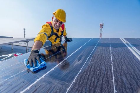 How to Clean Solar Panels Safely and Easily Eco Technology, Energy Facts, Residential Solar Panels, Solar Energy Facts, Solar Panel Mounts, House Roof Design, Solar Module, Residential Solar, Washing Windows