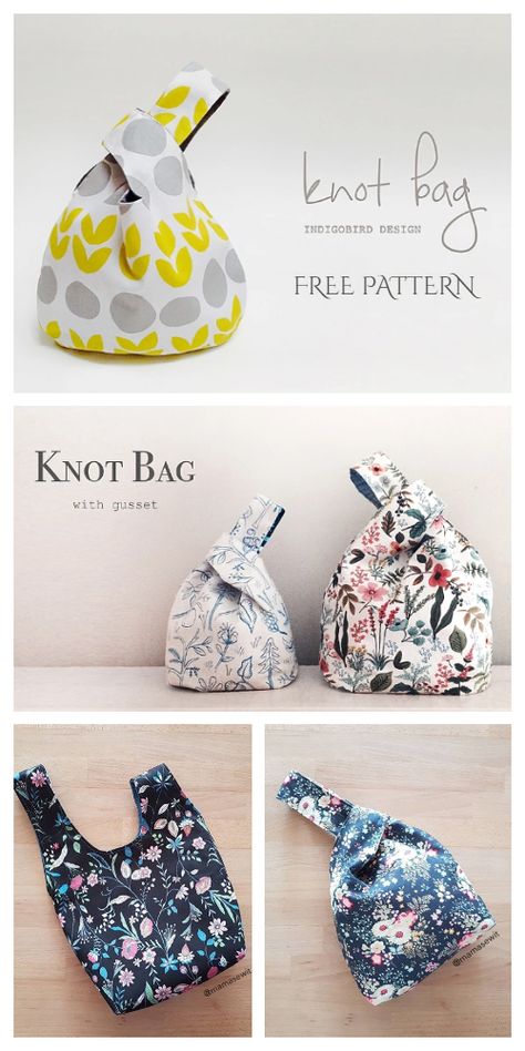 DIY Japanese Knot Bag Free Sewing Patterns + Video | Fabric Art DIY Knot Purse Pattern, Japanese Bag Sewing Patterns, Bento Yarn Bag Pattern, Japanese Knot Bag Sewing Pattern, Knot Bag Sewing Pattern, Japanese Fabric Bags, Sewing Patterns For Bags Free, Japanese Purse Patterns, Diy Knot Bag