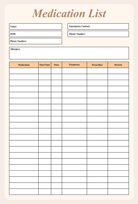 Medications List Printable, Med Chart Printable, Med List Printable, Medication List Template, Medicine List Printable, Printable Medication List, Medication Reminder Ideas, Medication List Template Free Printable, Medication Chart Printable Free
