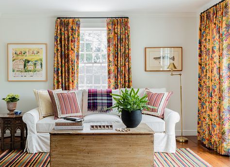 Quadrille Jacaranda curtains. Interior design by Katie Rosenfeld. Fabric available at Quadrille Wallpaper and Fabrics, Inc. Katie Rosenfeld, Barnstable Massachusetts, Massachusetts Photography, Wicker Furniture Cushions, Wicker Dresser, Wicker Couch, Wicker Bedroom, Wicker Shelf, Sea Captain