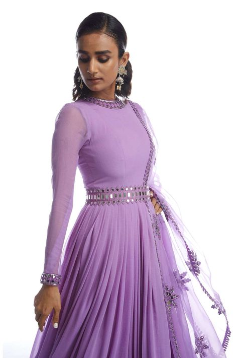 Anarkali Dress With Belt, Pleated Gown Indian, Purple Ethnic Wear Women, Pleated Fabric Outfits Indian, Pleated Anarkali Dress, Georgette Long Frocks Indian, Mirror Work Frock Design, Lengha Skirts, Anarkali Gown Floor Length