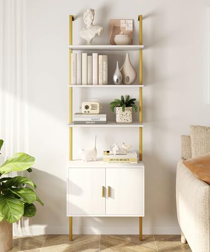 Bedroom White Gold, Plant Shelf Wall, Bookshelf With Cabinet, Gold Bookshelf, Tall Bookshelf, Wall Mount Shelf, Small Guest Room, Tall Bookshelves, Storage Bookcase