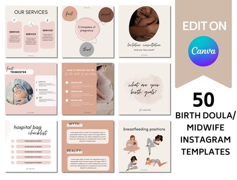 Doula Instagram Templates | Birth Doula Canva templates  | Midwife Instagram | Doula Instagram Post | Social Media 3rd Trimester, Birth Doula, Event Program, Program Template, Quality Content, Canva Templates, Instagram Template, Social Media, Instagram Post