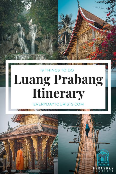 Travelling to Luang Prabang in Laos? Read our 3-day itinerary of the best things to do in Luang Prabang featuring the Kuang Si Waterfall, Wat Xieng Thong Temple and the bamboo bridge as seen here. Expect inspiration from our travel photography and the experiences that we share with you. Luang Prabang is a true gem of South East Asia and is a great backpacker destination. Read to find out more or SAVE for your next trip to Luang Prabang! Luang Prabang Laos Photography, Bamboo Bridge, Luang Prabang Laos, Laos Travel, Luang Prabang, South East Asia, Palawan, East Asia, Travel Planner