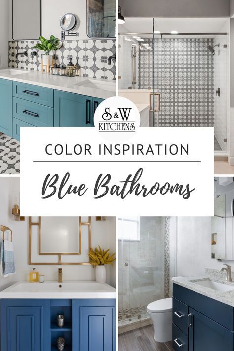 Get inspired by the latest roundup of bathroom remodels with the color blue! Farmhouse Bathroom With Blue Vanity, Blue Bathroom Remodel Ideas, Blue Gray Bathroom Ideas, Blue Cabinets Bathroom, Bathroom Remodel Blue, Blue Vanity Bathroom, Neutral Bathroom Colors, Bathroom Vanity Redo, Blue Bathrooms