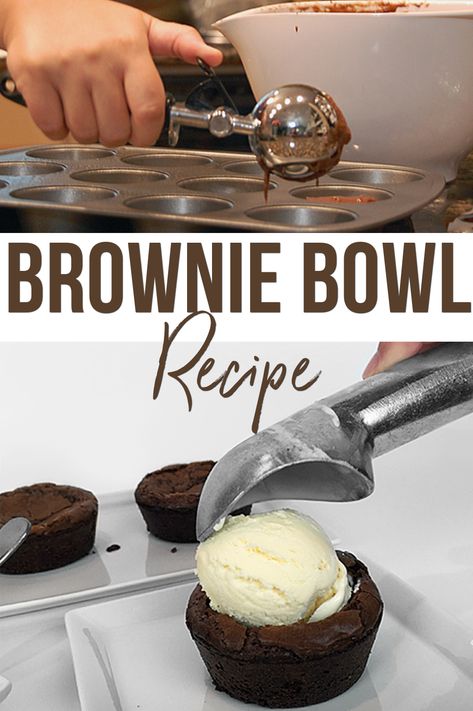 How to make brownie bowl recipe #brownies #browniebowls Brownie Bowls How To Make, Diy Brownie Bowls, Brownie Cups With Ice Cream, How To Serve Brownies, Brownie Cup Recipes, Brownie Bowls For Ice Cream, Brownie Ice Cream Cups, Brownie Sundae Cups, Waffle Cups