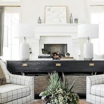 Built In Storage Bench Next to Fireplace - Cottage - Living Room Chairs Behind Sofa, Lamps Behind Sofa, Bench Next To Fireplace, Built In Storage Bench, Sofa Design Ideas, Black Sofa Table, Behind Sofa, Black Wainscoting, Sofa Wood Frame