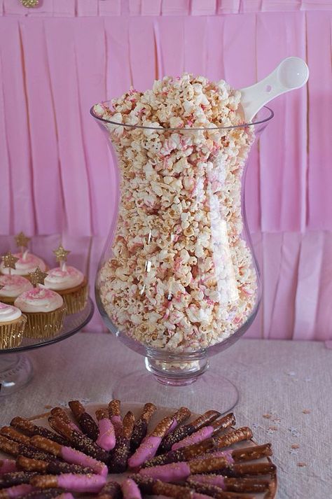 Pink popcorn and dipped pretzels. Twinkle Twinkle Little Star pink and gold first birthday party. Gold First Birthday Party, Pink And Gold First Birthday, Pink Gold Party, Pink And Gold Birthday Party, Pink Gold Birthday, Dipped Pretzels, Pink Popcorn, Gold First Birthday