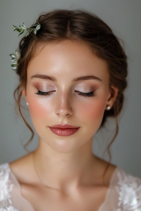 Romantic Natural Bridal Makeup, Youthful Wedding Makeup, Simple Wedding Makeup Green Eyes, Natural Bridal Makeup Round Face, Peachy Bride Makeup, Maternity Makeup Ideas Natural, Wedding Makeup Natural Pink, Bridal Makeup With Eyeliner, Natural Wedding Makeup Red Lips