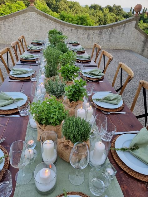 Simple Outdoor Dinner Party, Italian Dinner Party Tablescape Outdoor Dining, Herb Table Setting, Herb Themed Party, Tuscan Table Centerpiece Ideas, Rustic Dinner Table Setting, Tuscan Party Decor, Backyard Lunch Party Table Settings, Olive Tree Centerpieces