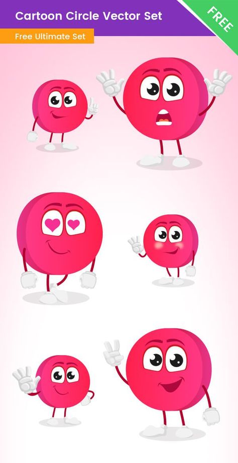 A Cute cartoon circle character made of vector shapes. This circle cartoon is available in 6 poses and the whole set is completely free. #circle #vector #cartoon #character #design #illustration Circle Character Design, Circle Character, Germ Illustration, Circle Cartoon, Vector Illustration Character, Vector Characters, Circle Vector, Character Design Illustration, Free Cartoons