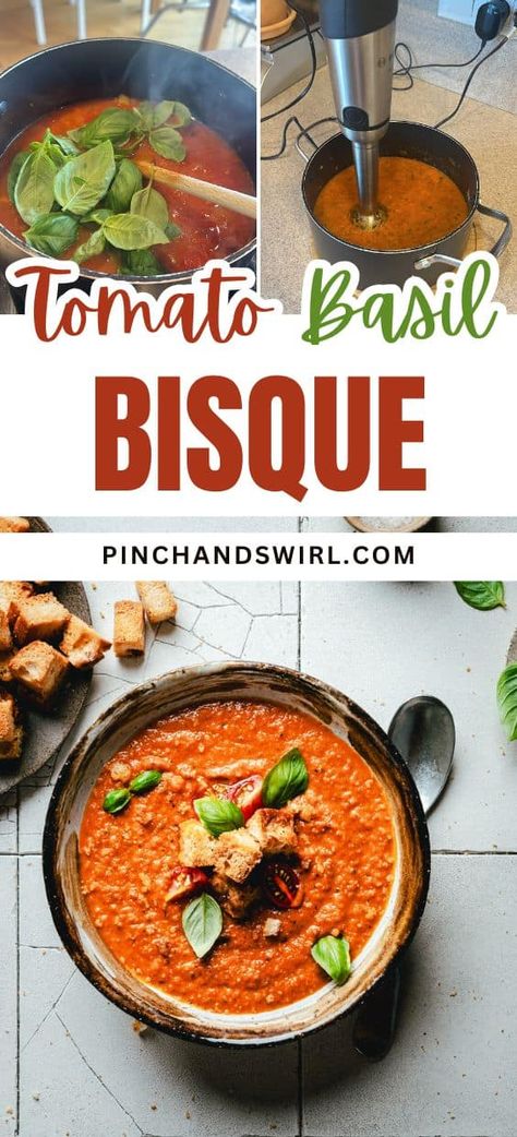 Tomato Basil Bisque Tomatoe Bisque Soup From Scratch, Tomato Basil Bisque Soup, Tomato Bisque Recipe, Tomato Basil Bisque, Tomato Bisque Soup, Outdoor Dining Ideas, Cool Desserts, French Soup, Bisque Soup