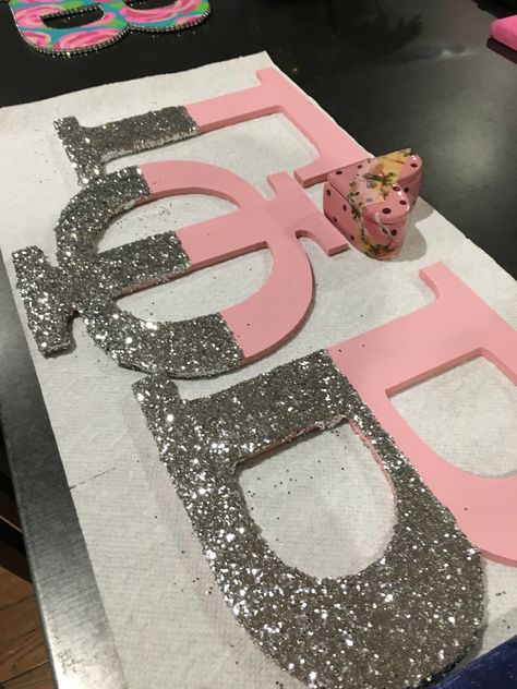 Sorority Door Decorations, Gamma Phi Beta Letters, Greek Letters Painted, Letter Decoration Ideas, Big/little Baskets, Little Gifts Sorority, Big Little Basket, Sorority Merchandise, Big Little Ideas