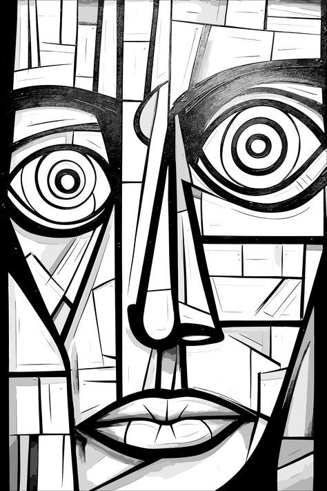 coloring page, black and white drawing of a person's face, portrait, monochrome, minimalist art, abstract art, subtle shading, AI assisted art Abstract Art Coloring Pages, Cubism Portrait, Picasso Faces, Face Coloring, Minimalist Art Abstract, Person Drawing, Cubism Art, Abstract Face Art, Modern Art Paintings Abstract