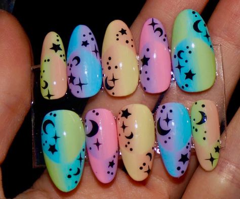 Uterus Nail Art, Pastel Goth Nails Creepy Cute, Pastel Spooky Nails, Beltane Nails, Pastel Goth Nail Art, Bubble Nails Designs, Gothic Spring Nails, Vaporwave Nails, Sky Nails Design