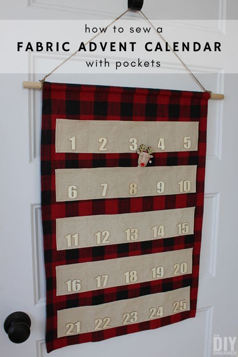 Learn how to sew a fabric advent calendar with pockets. This DIY fabric Christmas countdown calendar makes a beautiful Christmas door decoration. Handmade Sewn Advent Calendar, Pocket Advent Calendar Diy, Diy Avant Calendar, Fabric Christmas Advent Calendar, Diy Advent Calendar Wall Hanging, Christmas Countdown Sewing, Fabric Advent Calendar Diy Sewing, Diy Advent Calendar Fabric, Diy Fabric Advent Calendar Pattern