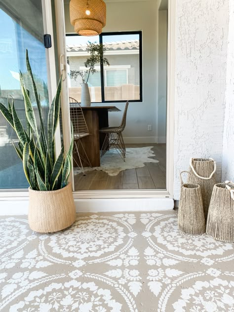 Before & After: A stylish patio makeover with concrete stencils | Real Homes Stenciled Concrete Floor, Stencil Concrete, Paint Concrete Patio, Concrete Patio Makeover, Painting Front Porch Concrete, Painting Front Porch, Front Porch Concrete, Cement Patio, Painted Concrete Floors