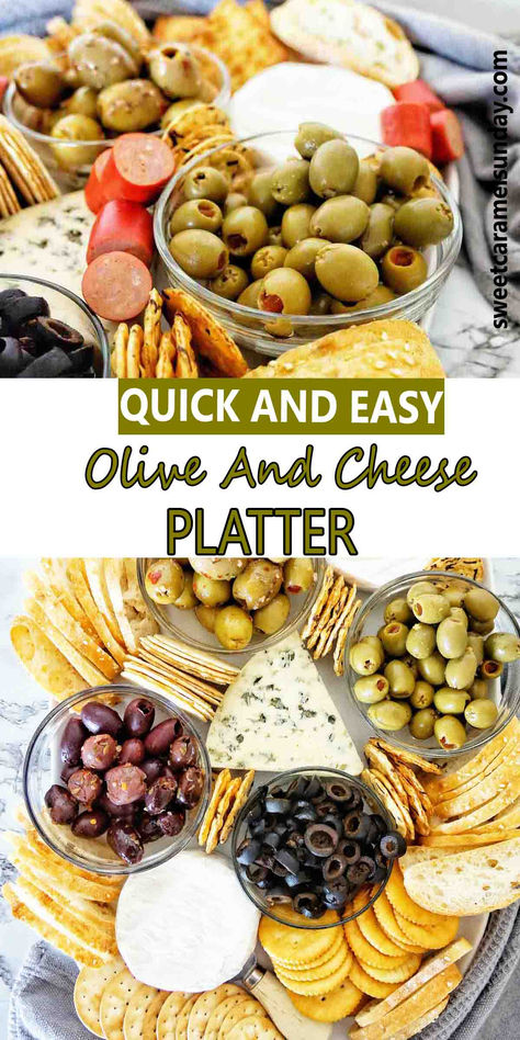 Olives, crackers, cheese, bread and cabanossi pieces on platter with text written between 2 images. Olives For Charcuterie Board, Cheese Cracker Olive Platter, Olive Platter Appetizers, Pickles Olives Cheese Tray, Cheese And Olive Board, Olive And Cheese Platter, Cheese And Olive Tray Ideas, Cheese And Pickle Tray, Olive Tray Appetizer Ideas