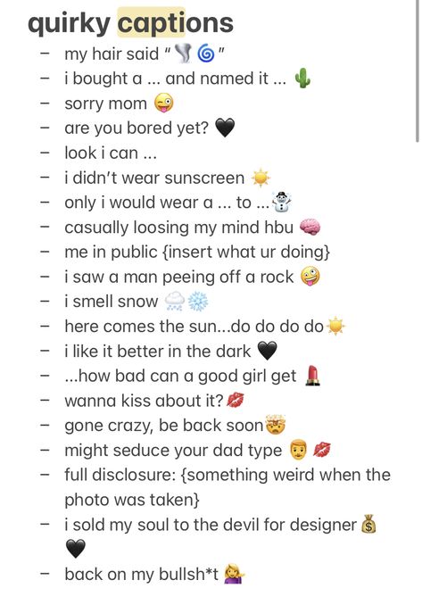 instagram captions quirky vsco #instagram #short #aesthetic #captions #emoji #quirkycaptions Cheesy Ig Captions, Petite Captions, Jumping Captions For Instagram, Captions With Emojis Instagram, Captions For Crush Instagram, Bored Instagram Captions, Groovy Captions For Instagram, Crush Instagram Captions, Wholesome Insta Captions