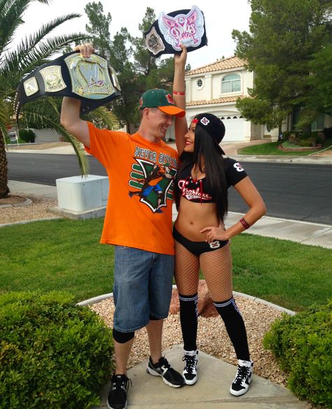 @brittnisacco My boyfriend and I as John Cena and Nikki Bella for Halloween! #WWE #NikkiBella #JohnCena #Nena Wwe Halloween Costumes Couples, What To Wear To A Wwe Event, John Cena Tattoo Ideas, Wwe Group Costume, Wrestlers Halloween Costumes, Wwe Halloween Costumes Women, Wwe Couples Costumes, Wwe Costumes Women, Wwe Outfits Woman Ideas