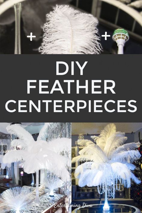 Want to save money on your wedding or event centerpieces? Learn how to make your own ostrich feather centerpieces with these step by step instructions. #entertainingdiva #weddingdecor  #babyshower #bridalshower #centerpieces #newyearseve Peacock Decorating Ideas, Diy Ostrich Feather, Feather Centerpiece Wedding, Masquerade Centerpieces, Ostrich Feather Centerpieces, Gatsby Party Decorations, Event Centerpieces, Masquerade Party Decorations, Mardi Gras Masquerade