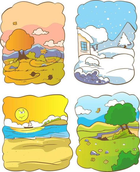 four seasons cartoon vector Season Illustration Design, 4 Seasons Drawing, Seasons Drawing, Seasons Clipart, Four Seasons Art, Greeting Sign, Weather Seasons, Seasons Art, Vector Cartoon