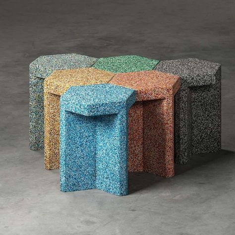 ♻️ Transform waste into art! 🌍 The WU Stool by BENTU Design is made from 90% recycled rubber shoe soles, saving the planet one stylish stool at a time. ✨ With a unique mosaic-like design, this eco-friendly furniture is perfect for any space! Each stool prevents 60 pairs of shoes from sitting in a landfill for over a century. 🙌 #SustainableLiving #UpcycledFurniture #EcoFriendlyDesign #InteriorDesignGoals 💚🌱 Recycle Furniture, 3d Printed Shoes, Machine 3d, Rubber Shoe, Saving The Planet, Artistic Furniture, Printed Shoes, Eco Friendly Furniture, Architecture 3d